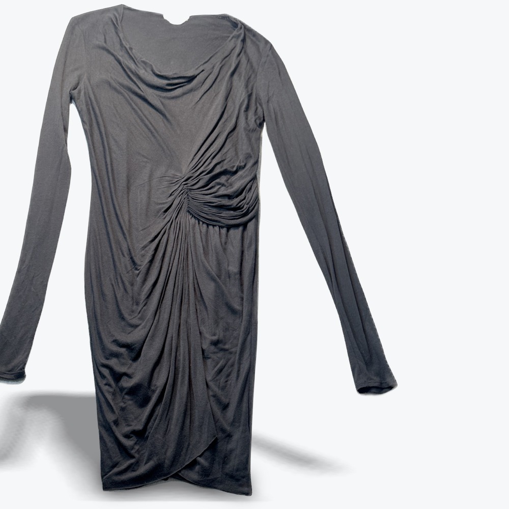 Helmut Lang Black Micro Modal Draped Ruched Long Sleeve Dress Soft Womens Medium